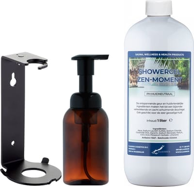 Zeepdispenser 300 ml amber bruin hervulbaar + 1 liter Showergel Zen Moment navulling (inclusief beugel)
