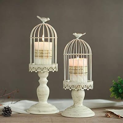 Vintage vogelkooi kandelaar, decoratieve kandelaar voor bruiloft en eettafel, kandelaar van ijzer met snijfiguren, ivoor
