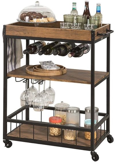 Mobile Bar Cart - Rolling drankkar - Serving Trolley - Easy Transport - 79x90x40cm - MDF & Metal met houten film