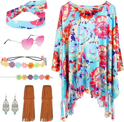 Vrouwelijk Hippie Kostuum met Accessoires voor Carnaval - Inclusief Cape, Schoenen, Bril, Oorbellen en Hoofdband
