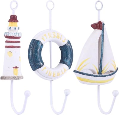 Allecto plus - Muurhaken voor Stranddecoratie en Nautisch Thema - Set van 3 Haken met Vis, Ster en Zeilboot - Jas- en Handdoekenrek voor Woondecoratie aan Zee