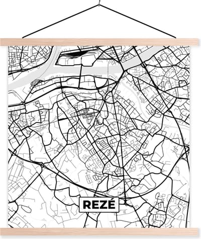 Posterhanger incl. Poster 40x40 cm - Schoolplaat - Stadskaart - Frankrijk - Kaart - Plattegrond - Rezé - Zwart wit - Textielposter - Blanke latten - Stadskaart