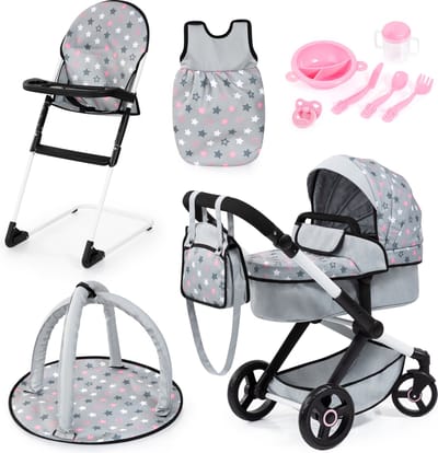 XEO poppenwagenset, met tas, kinderstoel, slaapzak, speelboog, poppenaccessoires, in grijs