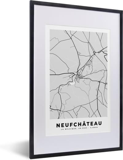Fotolijst incl. Poster Zwart Wit- Stadskaart – Plattegrond – België – Zwart Wit – Neufchâteau – Kaart - 40x60 cm - Posterlijst