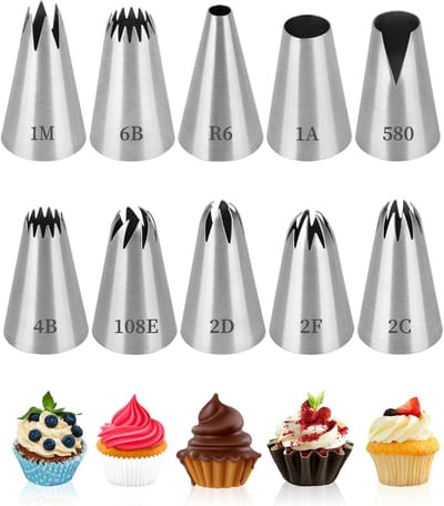 10 spuitmondjes voor taartdecoratie - Spuitmondjes - Bakgereedschap - Doe-het-zelfgereedschap - Set middelgrote spuitmondjes van 304 roestvrij staal - Geschikt voor botercrème, glazuur, verjaardagstaarten, cupcakes en doe-het-zelfprojecten