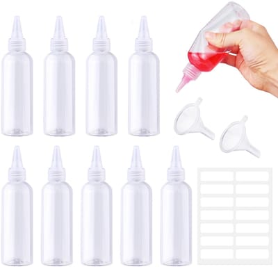 10-delige Knijpfles 100ml, lege Knijpfles, plastic flessen voor vullen, kleine sausfles met doppen, trechters, etiketten voor sauzen, verf en oliën enz.