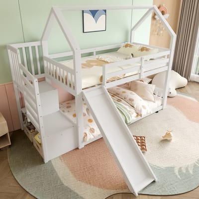 MODENUIT Stapelbed 90x200 cm – Huisbed met glijbaan – Opbergtrap en veiligheidshek – Zonder matras – Grenenhout – Wit