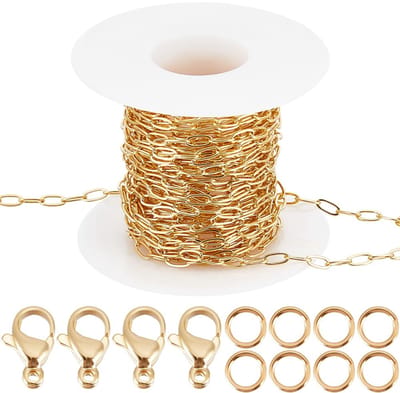 1 Doos 1,52M 5 Meter Sieraden Maken Ketting 18K Verguld 6mm Ovale Dikke Schakel Halsketting Paperclip Kettingen met 20Stks Kreeft Klauw Gespen 50Stks Springringen voor Armband Maken