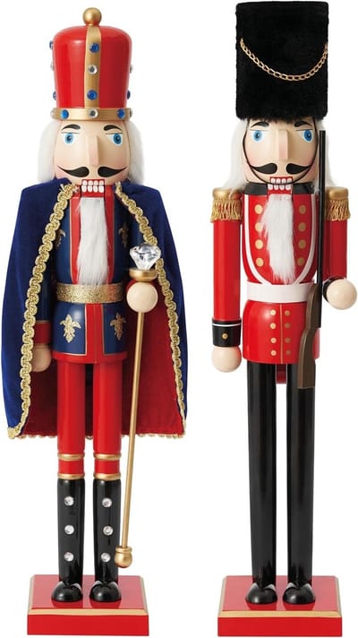 Set van 2 Houten Notenkrakers 50 cm - Koning & Soldaat in Feestelijke Kleuren - Traditionele Kerstdecoratie met Beweegbare Onderdelen, Perfect voor de Feestdagen