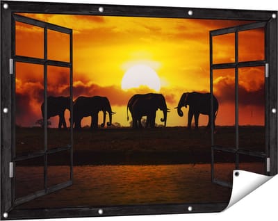 Gards Tuinposter Doorkijk Silhouet Olifanten tijdens Zonsondergang - 120x80 cm - Tuindoek - Tuindecoratie - Wanddecoratie buiten - Tuinschilderij