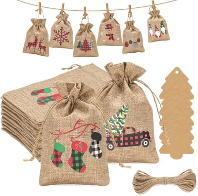 Dailygoods - Grote adventskalender - Jute zakjes - 24 stuks - 13 x 18 cm - Kerstcadeauzakjes - Decoratie voor kerstboom - Geschikt voor kerstdecoratie