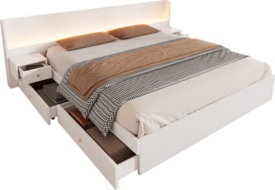 Merax Tweepersoonsbed 180x200 cm met 2 Nachtkastjes en Opberglades – Houten Bed met LED Verlichting en USB-Aansluitingen – Wit