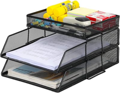 2-Tier A4 Mesh In Trays Stapelbare Bureau Organizer voor Documenten, Papieren en Kantoorbenodigdheden - Zwart