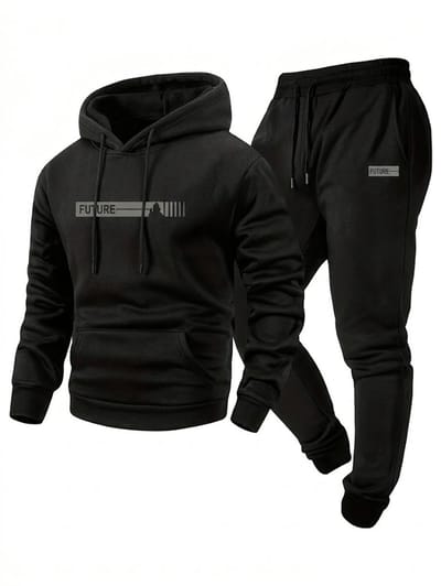 Zwart fitness trainingspak heren hoodie en jogging broek sport pak met capuchon trekkoord elastische tailleband trainings set vrijetijds pak maat XXL