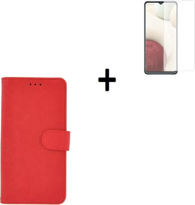 Samsung Galaxy A12 Hoesje - Samsung Galaxy A12 Screenprotector - Samsung A12 Hoes Wallet Bookcase Rood + Screenprotector P
