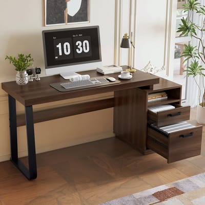 MIVRAY Bureau - Minimalistisch Werkbureau Met Lade En Opbergvak - Voor Kantoor En Studeerkamer - MDF En Metaal - Bruin