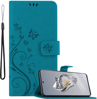Cadorabo Hoesje geschikt voor OnePlus 12 in BLOEMEN BLAUW - Beschermhoes in bloemmotief met magnetische sluiting, standfunctie en kaartsleuven Book Case Cover Etui