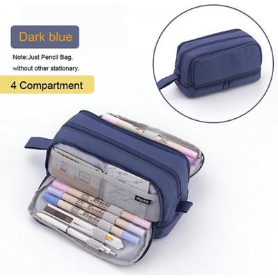 Angoo 4 Vakken Grote Etui Pennenzak School Student Etuis Cosmetische Tas Schrijfwaren Organizer Kantoorbenodigdheden donkerblauwe kleur