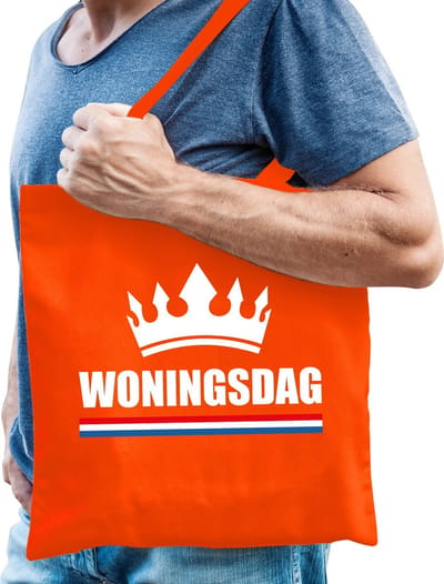 Woningsdag / katoenen tas oranje met kroon voor heren - Koningsdag - thuisblijvers / Kingsday thuis vieren - tasje / shopper voor heren