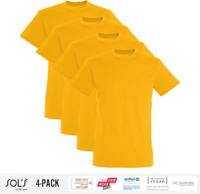 4 Pack Sol's Heren T-Shirt 100% biologisch katoen Ronde hals Geel Maat S