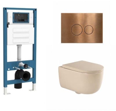 QeramiQ Dely Swirl Toiletset - inbouwreservoir Qeramiq Flush - 35mm zitting - metaal koperen bedieningsplaat - ronde knoppen - beige