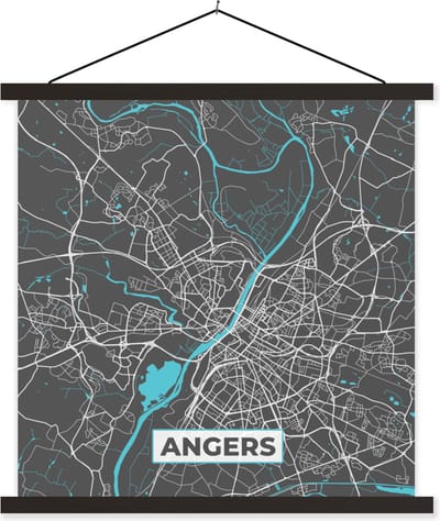 Posterhanger incl. Poster 60x60 cm - Schoolplaat - Angers - Stadskaart - Plattegrond - Kaart - Frankrijk - Textielposter - Zwarte latten - Stadskaart