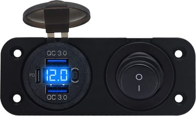 ProRide 12V USB C Stopcontact 3 Poorten Inbouw met Schakelaar/Voltmeter - QC3.0 - Tweevoudig inbouw paneel - Blauw