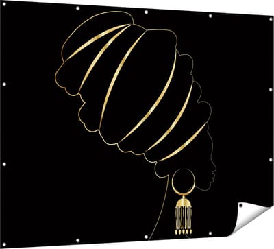 Gards Tuinposter Afrikaanse Vrouw met Gouden Zwarte Tulband - 160x120 cm - Tuindoek - Tuindecoratie - Wanddecoratie buiten - Tuinschilderij