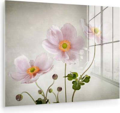 MuchoWow® Glasschilderij 80x60 cm - Schilderij acrylglas - Bloemen - Stilleven - Olieverf - Klaproos - Roze - Foto op glas - Muurdecoratie woonkamer - Wanddecoratie slaapkamer - Schilderijen