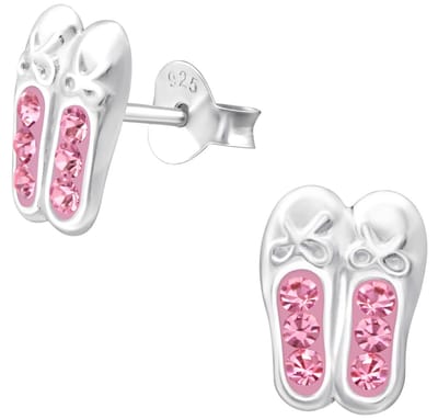 Joy|S - Zilveren ballet ballerina schoentjes oorbellen - kristal roze - 7 x 9 mm - danseres oorknoppen