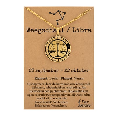 Weegschaal / Libra Sterrenbeeld Ketting op Cadeau Kaartje - Goudkleurig - RVS - Spiritueel Cadeau - 60cm - Pax Amare