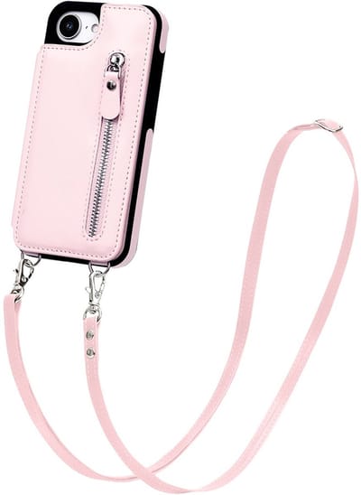 CaseBoutique Backcase hoesje geschikt voor iPhone 16e - Effen Roze - Kunstleer - met Crossbody Koord, Pashouder & Ritsvakje