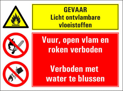 Licht ontvlambare vloeistoffen, vuur open vlam roken en met water blusser verboden sticker 280 x 210 mm