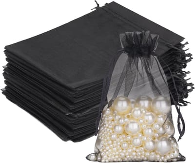 Grote Organza Tassen voor Bruiloften, Zwart 13 x 18 cm, 50 Stuks met Trekkoord voor Snoep en Cadeaus