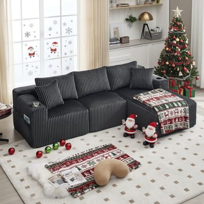 BLACKCOLORS Modulaire bankenset met chaise longue en 2-zitsbank, bekleding van zacht corduroy, met 5 kussens, zijvakken en bekerhouders, schuim met hoge dichtheid, DIY-combinatie, ideaal voor de woonkamer, het appartement en de studio.