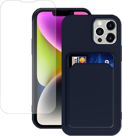 Hoesje Pasjes Houder geschikt voor iPhone 14 + Screenprotector – Gehard Glas Cover - Portemonnee - Kaart houder - Blauw