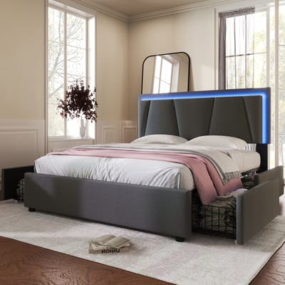 Wishdor Gestoffeerd Bed 140x200 cm – LED & 4 Lades – Verstelbaar Hoofdbord – Grijs Hout/Linnen – Praktisch & Modern