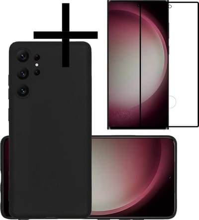 Hoesje - Met Screenprotector - Geschikt voor Samsung Galaxy S23 Ultra - Sterk & Shockproof - Back Cover - Siliconen Case - Telefoon Hoes - Zwart