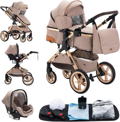 Kinderwagen 3-in-1 - Combi kinderwagen - Babyvervoer - Compact opvouwbaar - 0-36 maanden - Khaki