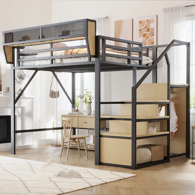 YEHTOKHOME Metalen hoogslaper 140 x 200 cm, met Open kast, Veiligheidsladder, afneembaar opbergrek, verhoogd bed volwassenen/kinderen, Zwart, Zonder matras