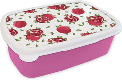 Broodtrommel Roze - Lunchbox - Brooddoos - Fruit - Bladeren - Patroon - Granaatappel - 18x12x6 cm - Kinderen - Meisje