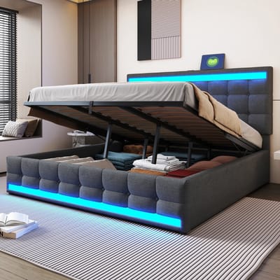 Komhtom Gestoffeerd bed 180*200 Kinderbed met hydraulische opbergruimte, USB en LED-lichtstrip met kleurwisseling, grijs Eenpersoonsbed van linnen