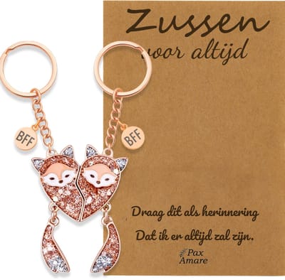 BFF Sleutelhanger voor 2 'Zussen voor altijd' - Magnetische Vosjes - Sleutelhanger set op Cadeau Kaartje Sleutelhanger set - Rosé Goud - Vriendschap Symbool - Pax Amare