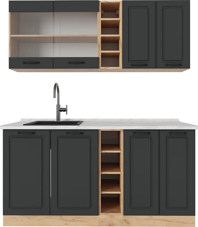 Vicco R-Line Eenpersoonskeuken – 160 cm, WB Marmer Antraciet landhuis/gouden eik
