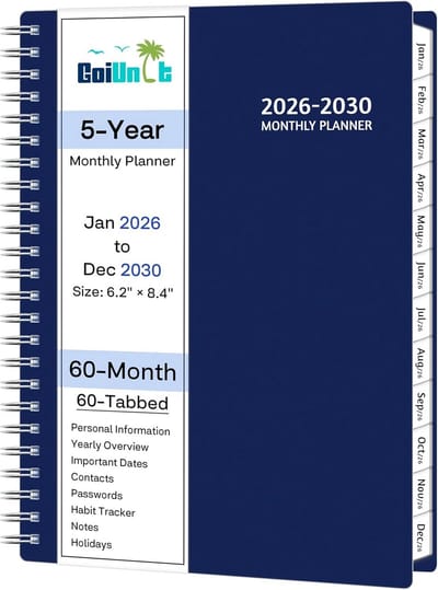 Overzichtelijke A5 Maandplanner 2026 t/m 2030 - 5 Jaar Agenda in Blauw