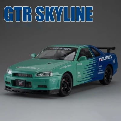1:24 Gtr Skyline R34 Automodel Speelgoed Licht Geluid Pull-back Deuren Openen Miniature Straatmodel Collectie Cadeaus Voor Kinderen