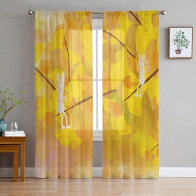 Ginkgo Blad Herfstlandschap Zicht Tule Gordijnen voor Woonkamer Draperieën Raam Transparant Modern Slaapkamer Decor 135W x 114H(cm)