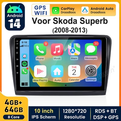 JUNSUN Octa-Core Autoradio Geschikt voor Skoda Superb II 3T4 3T5 2008-2013 -Android 15 GPS Navi WiFi BT CarPlay & Android Auto & Mirror Link-USB-RDS- SWC