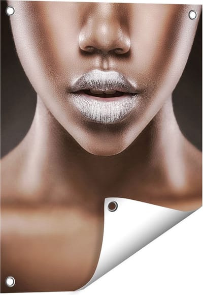 Gards Tuinposter Zilveren Lippen van een Afrikaanse Vrouw - 40x50 cm - Tuindoek - Tuindecoratie - Wanddecoratie buiten - Tuinschilderij