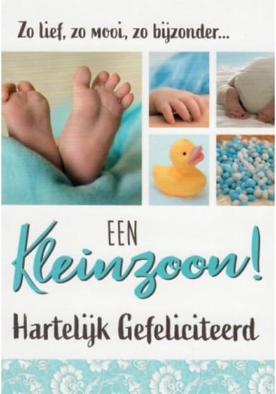 Een kleinzoon! Hartelijk gefeliciteerd! Zo lief, zo mooi, zo bijzonder… Een schattige kaart met beschuit met muisjes, een babyluier, een badeend, een babyhand en babyvoetjes. Een dubbele wenskaart inclusief envelop en in folie verpakt.